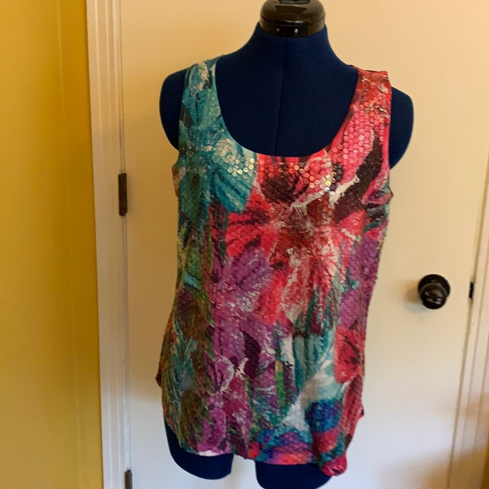 Cache  sequined tropical flower print tank top